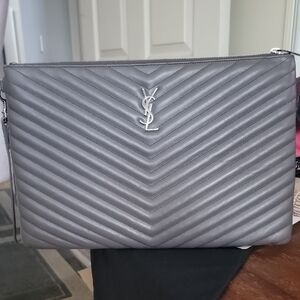 Yves Saint Laurent Silver Logo Gray Matelisse Clutch Bag